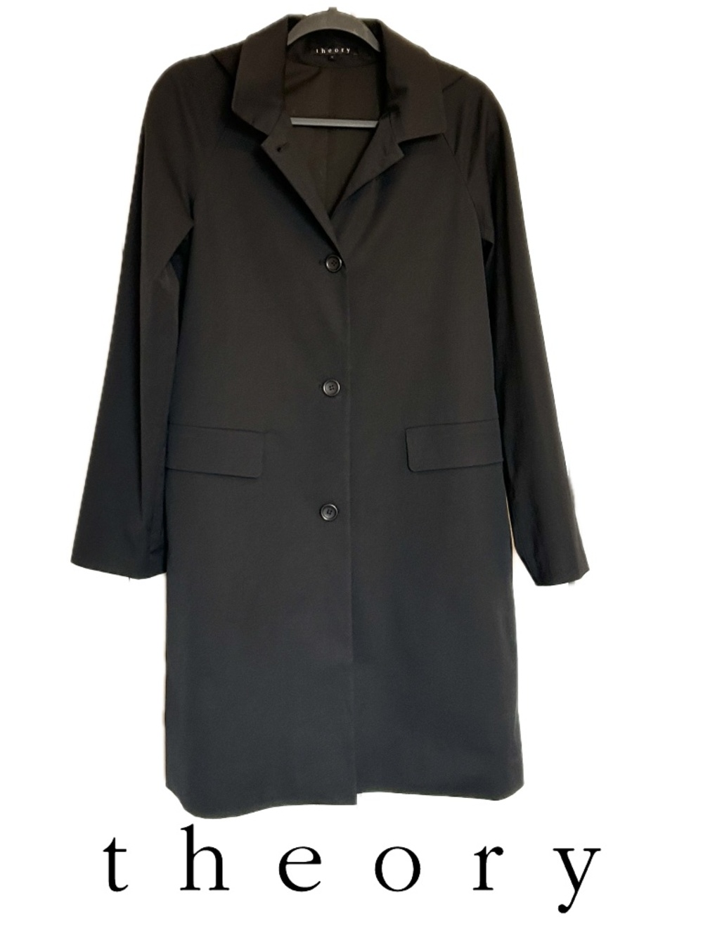 Like New Theory ‘Select’ A-Line Raglan Button Front Trench Hood Black Size Med